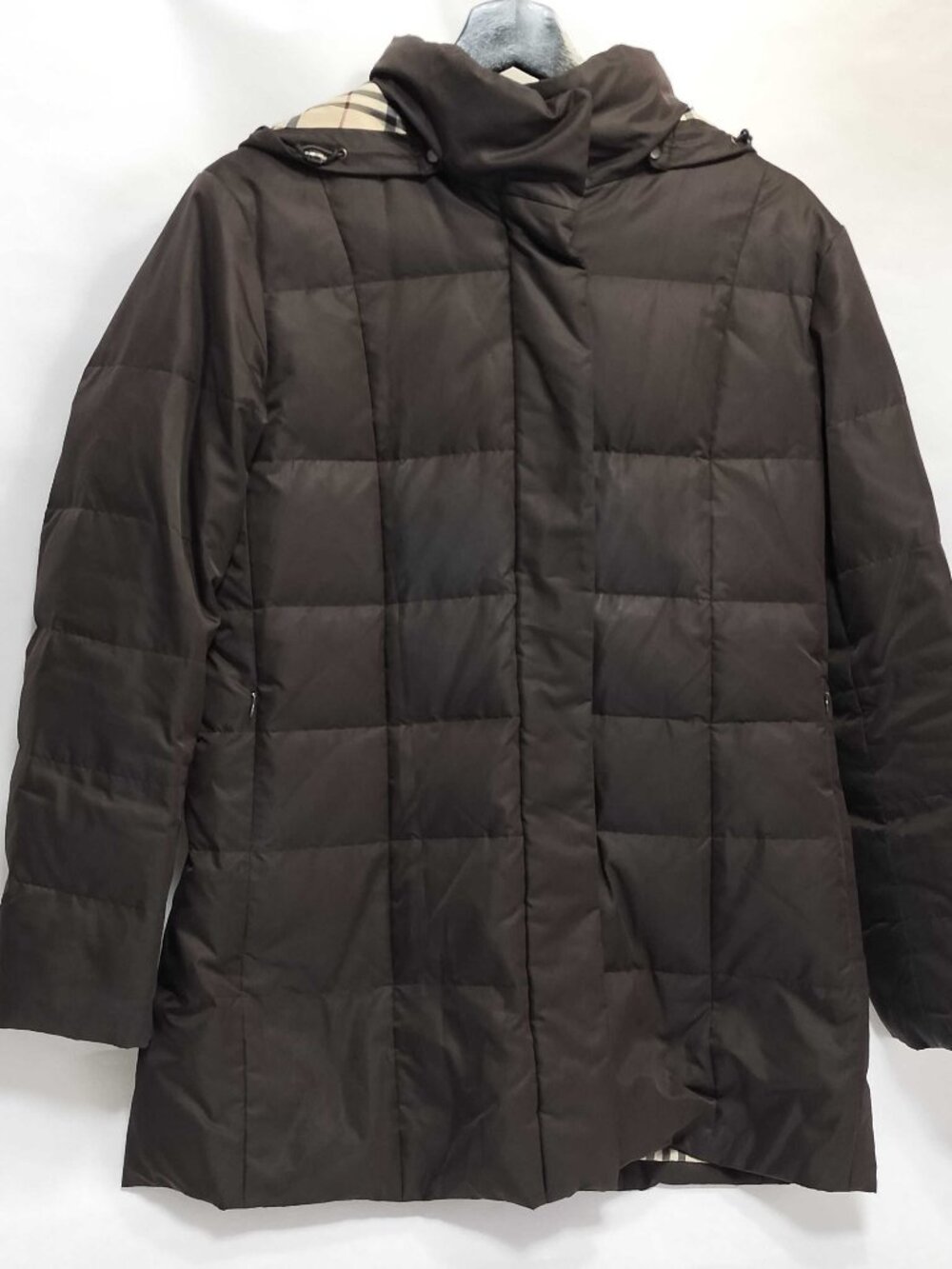 Vintage Burberry  Drark Brown Down Quilted Hooded Coat Nova Check Lined Size M/L